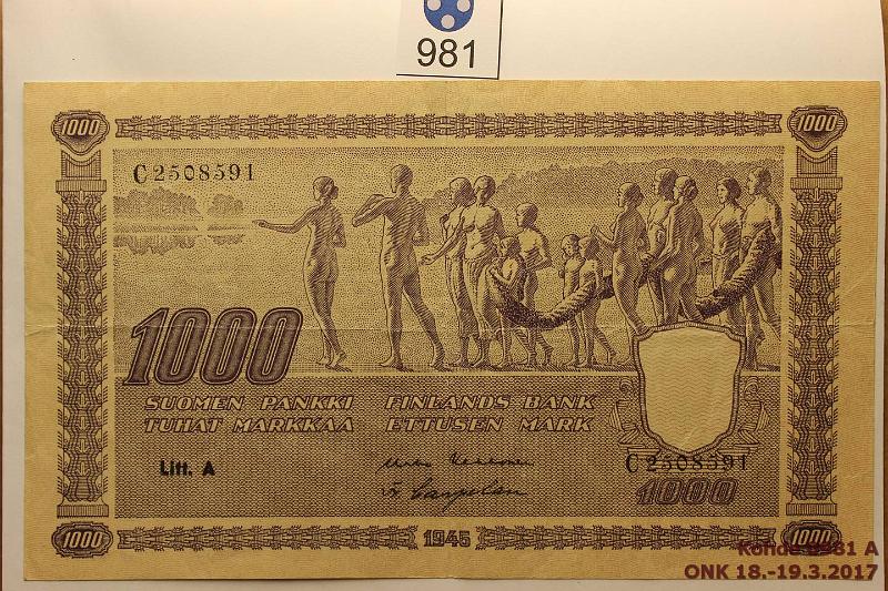 k-0981-a.jpg - Kohde 981, l�ht�hinta: 65 &euro; / myyntihinta: 72 &euro; 1000 mk 1945 LA SNY 199.1 C2508591 KEK-Car, pieni keskireik�, ptahra, 5mm rep, kunto: 4