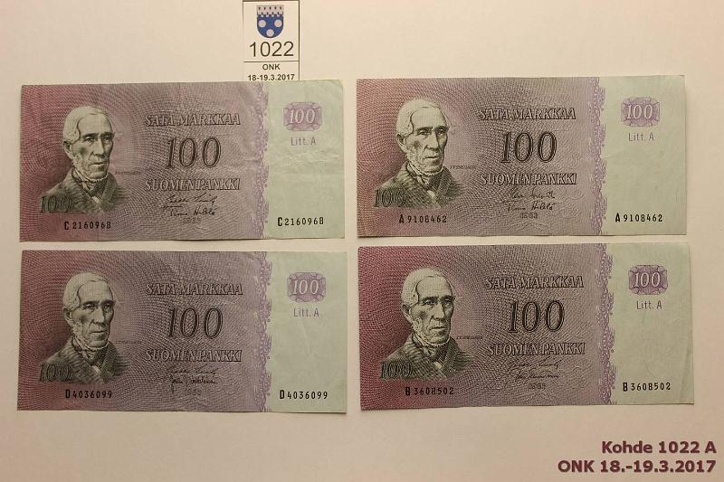 k-1022-a.jpg - Kohde 1022, lhthinta: 35 € / myyntihinta: 44 € 100 mk 1963 LA (4) A..KO I-He, B..LAS-Tam, C..LAS-He, D..LAS-Vou, kunto: 4-5