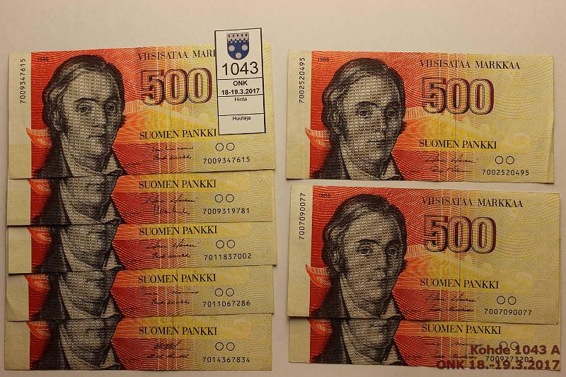 k-1043-a.jpg - Kohde 1043, lhthinta: 340 € / myyntihinta: 340 € 500 mk 1986 (8) Sarjoja 002, 007, 009(3), 011, 014. 8 eri ak paria, kunto: 4-7