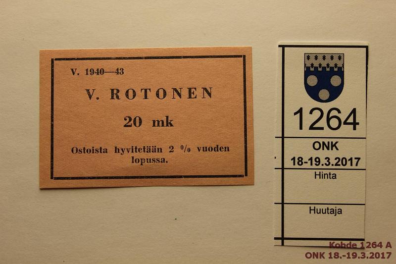 k-1264-a.jpg - Kohde 1264, lhthinta: 5 € / myyntihinta: 13 € 20 mk 1940-43 V. Rotonen Ostoista hyvitetn 2% vuoden lopussa, kunto: 9