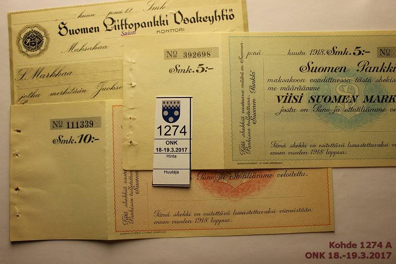 k-1274-a.jpg - Kohde 1274, lhthinta: 10 € / myyntihinta: 12 € Sekkej 1918-23 (3) Suomen Pankki 5 ja 10:- 1918; Suomen Liittopankki OY, Salo, 1923. Kyttmttmt, kunto: 7-9