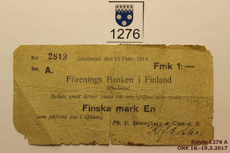 k-1276-a.jpg - Kohde 1276, lhthinta: 10 € Sekki 1 mk 1918 2819 A. Frenings Banken Finland, Jacobstad. Ph. U. Strenberg & C:o A.B. Rep, reiki, kulmapuutos. Allekirjoitus, kunto: 1