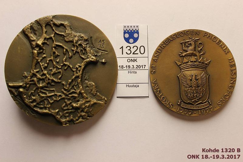 k-1320-b.jpg - Kohde 1320 (kuva 2/2), lhthinta: 5 € / myyntihinta: 9 € Mitali 1975, -77 (2) Br, 65mm. Skotska St Andreaslogen Phoenix Helsingfors 1777-1977. Br, 80mm. Leo Ojala. Kultateollisuus / AS, kunto: 8