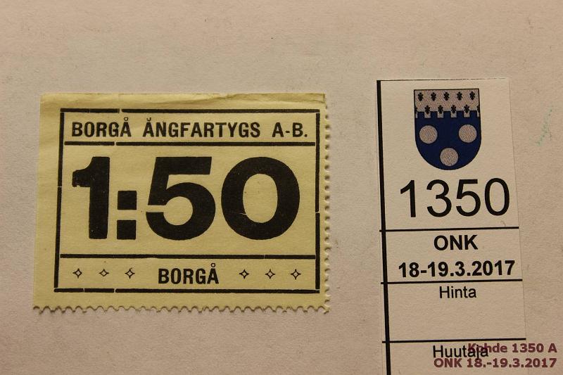 k-1350-a.jpg - Kohde 1350, lhthinta: 5 € Matkalippu 1:50 Borg ngsfartygs AB. Oikea pysty- ja alasivu hammastetut, kunto: 8