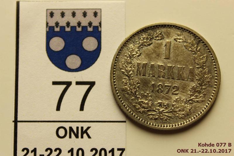k-0077-b.jpg - Kohde 77 (kuva 2/2), lhthinta: 10 € / myyntihinta: 16 € 1 mk 1872 Ag, puhd, kunto: 4/5
