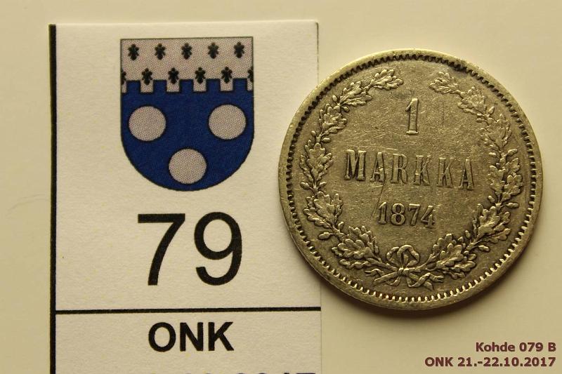 k-0079-b.jpg - Kohde 79 (kuva 2/2), lhthinta: 7 € / myyntihinta: 8 € 1 mk 1874 Ag, likaa, kunto: 4