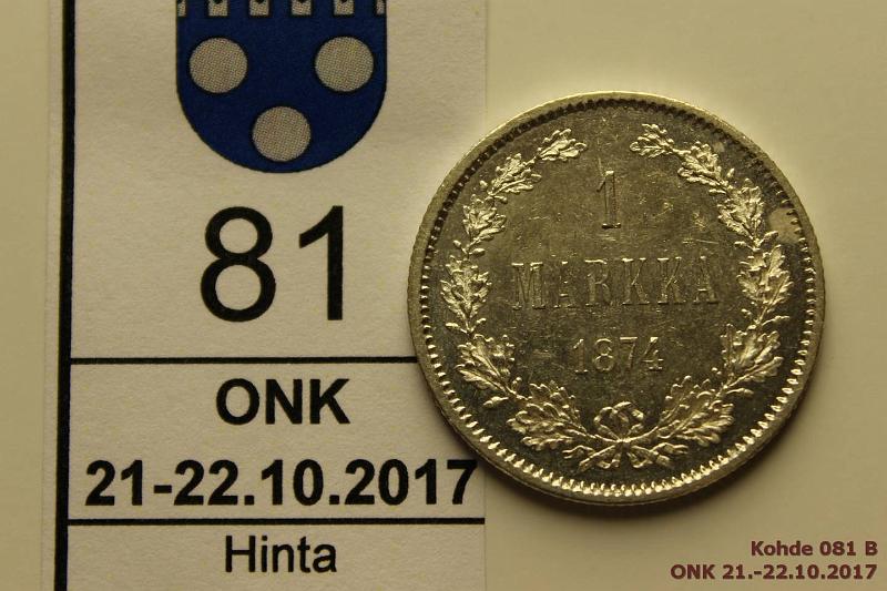 k-0081-b.jpg - Kohde 81 (kuva 2/2), lhthinta: 75 € / myyntihinta: 75 € 1 mk 1874 Ag, arvop. hnja, vaalea php, loistelias!, kunto: 9/8