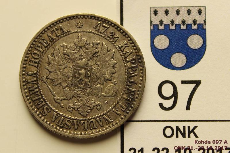 k-0097-a.jpg - Kohde 97 (kuva 1/2), l�ht�hinta: 15 &euro; / myyntihinta: 24 &euro; 2 mk 1866 Ag, SNY 494.1, eprv, likaa, kunto: 4/5