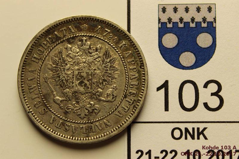 k-0103-a.jpg - Kohde 103 (kuva 1/2), l�ht�hinta: 10 &euro; / myyntihinta: 15 &euro; 2 mk 1872 Ag, kunto: 4