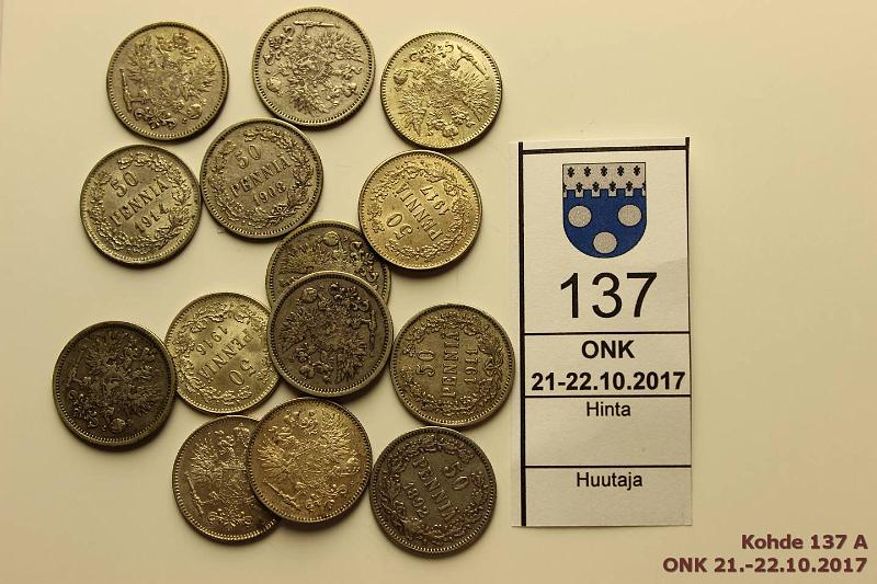 k-0137-a.jpg - Kohde 137, lhthinta: 15 € / myyntihinta: 25 € 50 p 1889-1917 (14) Ag, 1889, -90, -91, -92, -93, 1907, -08, -11, -14 I+II, -15, -16, -17 I+II, kunto: 4-8