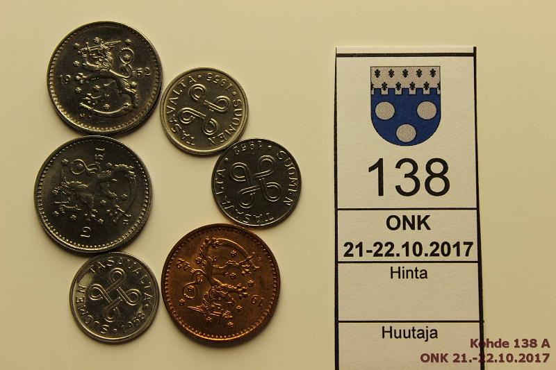 k-0138-a.jpg - Kohde 138, lhthinta: 5 € / myyntihinta: 5 € 1 mk 1942-58 (6) 1942Cu, -51Fe, -52Fe (2 eril.), -55, -58. Hyvkuntoinen er, kunto: 8-9