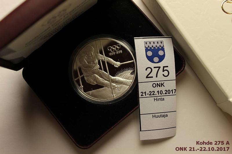 k-0275-a.jpg - Kohde 275, lhthinta: 10 € / myyntihinta: 15 € Itvalta 200 sch 1995 KM#3027 Ag, Proof, 33,63g/925, Alpine skiing, kapseli, tod, nahkakotelo, laatikko. Centennial-sarjaa, kunto: 10