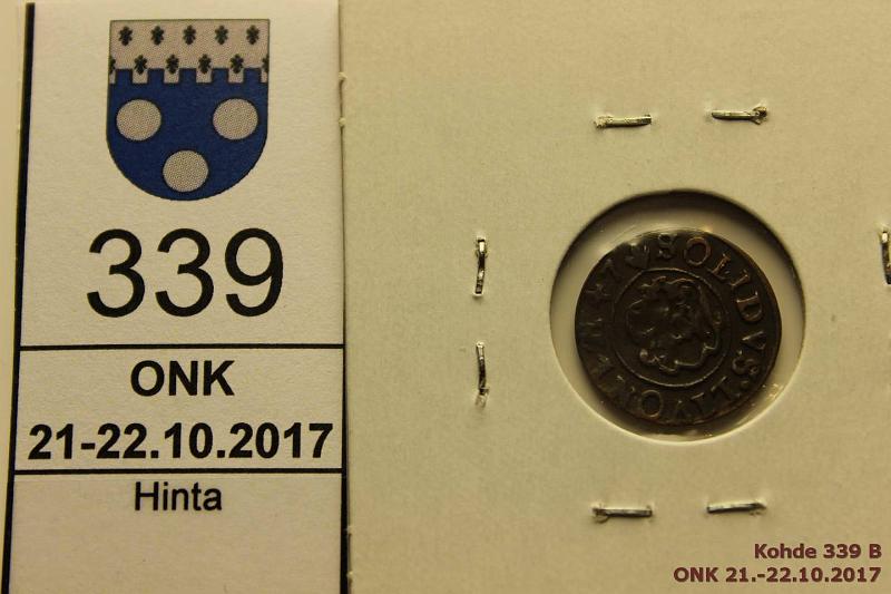 k-0339-b.jpg - Kohde 339 (kuva 2/2), lhthinta: 10 € / myyntihinta: 10 € 1 solidus 1647 KM#2 Ag, Livonia/Sweden, Christina, taipunut, kunto: 5