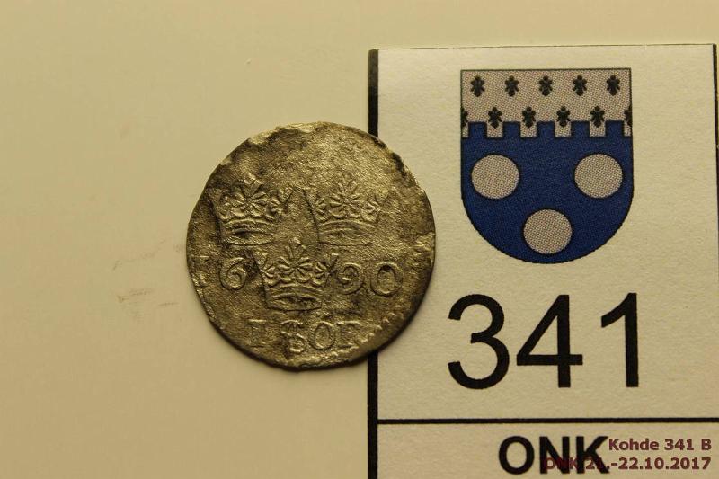 k-0341-b.jpg - Kohde 341 (kuva 2/2), lhthinta: 5 € / myyntihinta: 8 € 1 re 1690 KM#250a Ag, Karl XI, kunto: 3