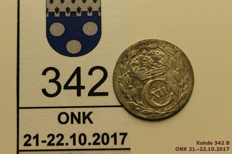 k-0342-b.jpg - Kohde 342 (kuva 2/2), lhthinta: 5 € / myyntihinta: 13 € 1 re 1697 KM#250a Ag, Karl XII, kunto: 3