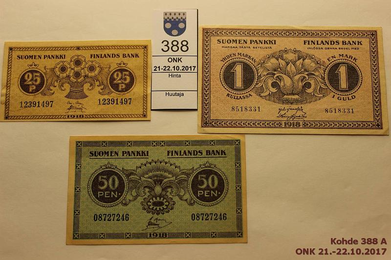 k-0388-a.jpg - Kohde 388, lhthinta: 5 € / myyntihinta: 12 € 25 p - 1 mk 1918 (3) SNY 103, 105, 113, 25p 50p ja 1mk, kunto: 5-7