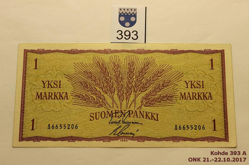 k-0393-a.jpg - Kohde 393, lhthinta: 50 € / myyntihinta: 66 € 1 mk 1963 SNY 114.1 A6655206 Leinonen-Sackln, eritt. harv. ak-pari (V), ei taitoksia, painumia, pyristyneet kulmat, kunto: 7
