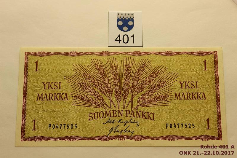 k-0401-a.jpg - Kohde 401, lhthinta: 15 € / myyntihinta: 34 € 1 mk 1963 SNY 114.1 P0477525 KA I-Eng, pintaeloa, ei taitteita, kunto: 8