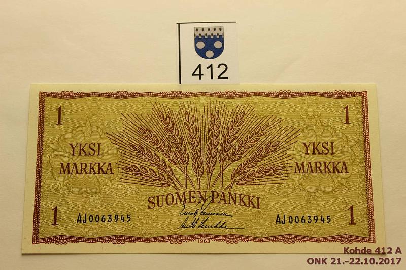 k-0412-a.jpg - Kohde 412, lhthinta: 15 € / myyntihinta: 32 € 1 mk 1963 SNY 114.1 AJ0063945 LEI-Luu, vhisi painaumia, kunto: 9