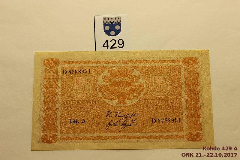 k-0429-a.jpg - Kohde 429, lhthinta: 5 € / myyntihinta: 5 € 5 mk 1945 LA SNY 134.1 D8788971 KIV-AAs, kevyt nurkkataite, pintaeloa, kunto: 7