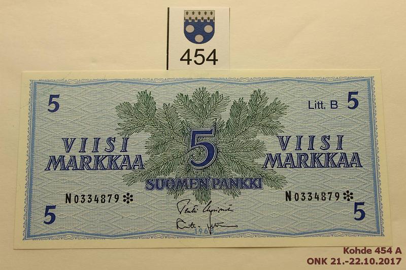 k-0454-a.jpg - Kohde 454, lhthinta: 20 € / myyntihinta: 25 € 5 mk 1963 LB N* SNY 135.7 N0334879* UUS-Leh, korvaava, kunto: 9