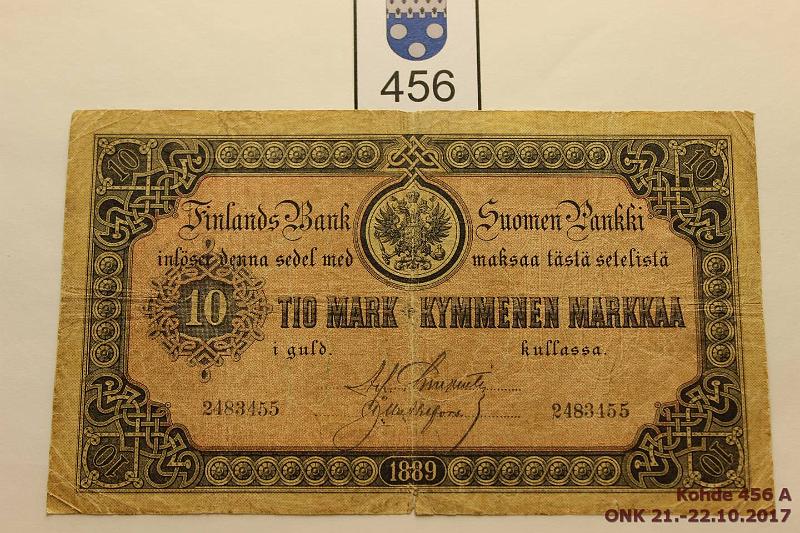 k-0456-a.jpg - Kohde 456, lhthinta: 100 € / myyntihinta: 125 € 10 mk 1889 SNY 139 2483455 CHA-Ahl, rep, kunto: 3