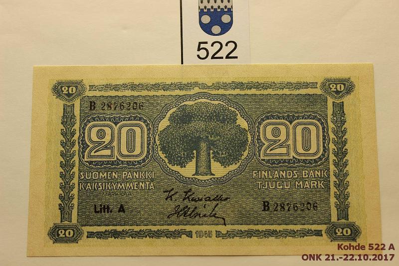 k-0522-a.jpg - Kohde 522, lhthinta: 10 € / myyntihinta: 17 € 20 mk 1945 LA SNY 160.1 B2876206 KIV-Als, kunto: 9