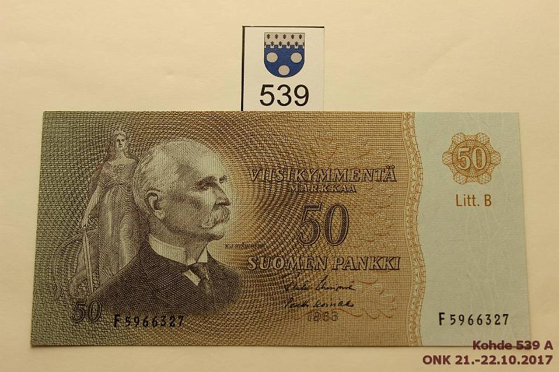 k-0539-a.jpg - Kohde 539, lhthinta: 20 € / myyntihinta: 27 € 50 mk 1963 LB SNY 170.5 F5966327 UUS-Ko1, kevyet keski- ja nurkkataitteet, kunto: 7