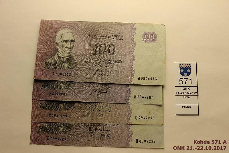 k-0571-a.jpg - Kohde 571, l�ht�hinta: 100 &euro; / myyntihinta: 100 &euro; 100 mk 1963 (4) SNY 170.1, kaikki sarjat: A..WAR-Eng, B..RO I-Aas, C..KA I-T�r ja D..VAL-He� (harv. ak-pari [v]), kunto: 3-4