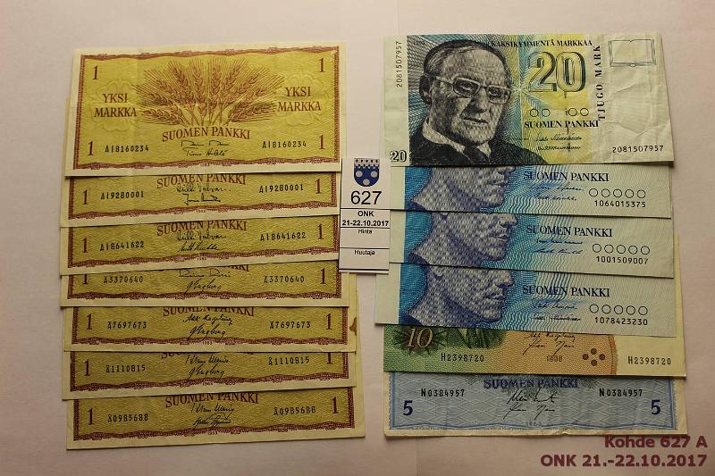 k-0627-a.jpg - Kohde 627, l�ht�hinta: 8 &euro; / myyntihinta: 8 &euro; 1 - 20 mk 1963-93 (13) 1mk 1963 (7), AI, � ja � sarjoja, kaikissa eri allek; 5mk -63 LB; 10mk -80, -86(3); 20mk 1993, kunto: 4-8