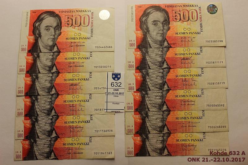 k-0632-a.jpg - Kohde 632, lhthinta: 410 € / myyntihinta: 410 € 500 mk 1986 LA (12) Sarjoja 01,02. 7 eri ak-paria. 3:ssa tahroja, 2 prep, kunto: 4-5