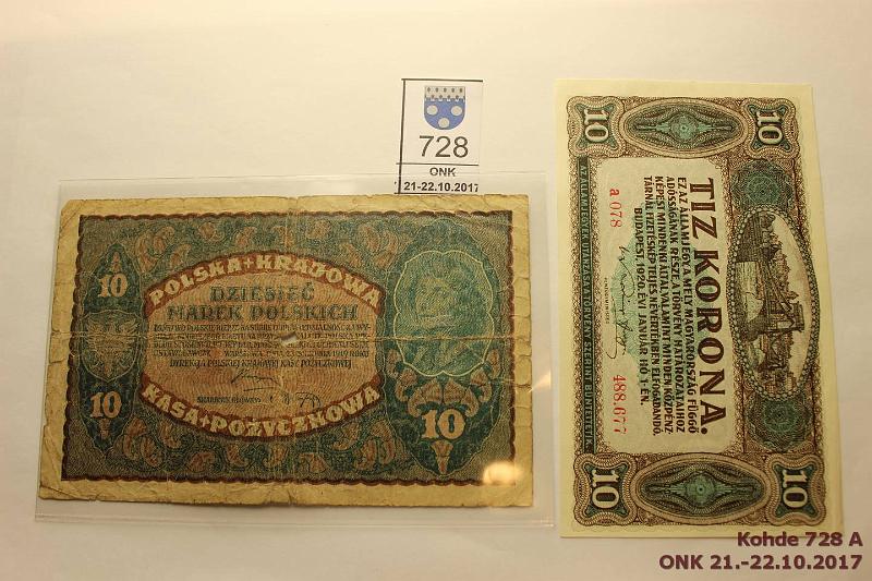 k-0728-a.jpg - Kohde 728, l�ht�hinta: 5 &euro; / myyntihinta: 5 &euro; Unkari (2) 1919, -20 P#25, 60 10 marek 1919, rep�, reiki�; 10 korona 1920, kunto: 2, 8