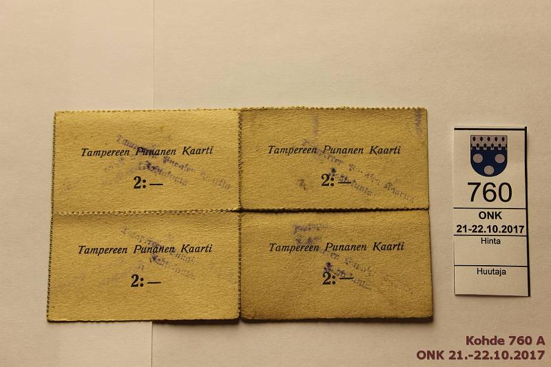 k-0760-a.jpg - Kohde 760, lhthinta: 60 € / myyntihinta: 70 € 2mk 1918 (4) Tampereen Punainen Kaarti, isompi malli 63x36mm. Violetit "Tampereen Punasen Kaartin Johtokunta" -leimat. Harvinainen hammastettu nelil! Oikean puolen pari osin vaakahammasteesta irti, kunto: 5