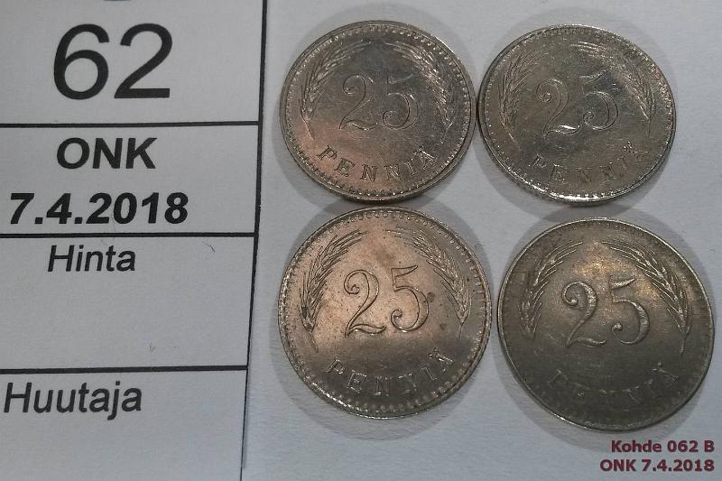 k-0062-b.jpg - Kohde 62 (kuva 2/2), lhthinta: 8 € / myyntihinta: 8 € 25 p 1929-40 (4) CuNi, 1929(nja), -30, -36(ephpja), -40, kunto: 4,7,8,7