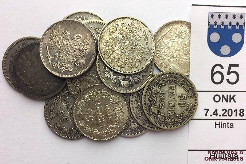 k-0065-a.jpg - Kohde 65, lhthinta: 40 € / myyntihinta: 40 € 50 p 1864-1917 (14) Ag, 1864, -69, -72, -89, -90, -91, -92, -93, 1907, -08, -11, 16, -17 I+II. Osassa vikoja, kunto: 3-8