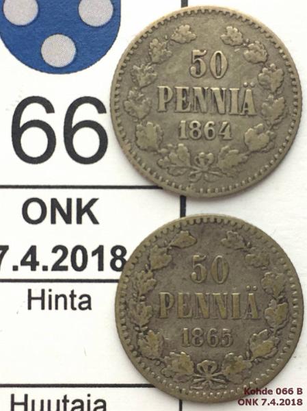k-0066-b.jpg - Kohde 66 (kuva 2/2), lhthinta: 10 € / myyntihinta: 10 € 50 p 1864, -65 Ag, kunto: 2/4