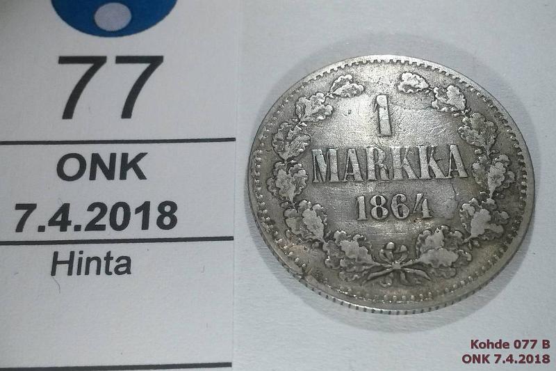 k-0077-b.jpg - Kohde 77 (kuva 2/2), lhthinta: 80 € / myyntihinta: 80 € 1 mk 1864 Ag, SNY 397.2, prv, mv, kunto: 3