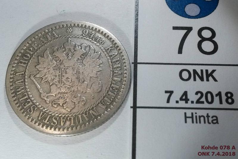 k-0078-a.jpg - Kohde 78 (kuva 1/2), lhthinta: 7 € / myyntihinta: 7 € 1 mk 1865 Ag, SNY 398.2.1, kunto: 3