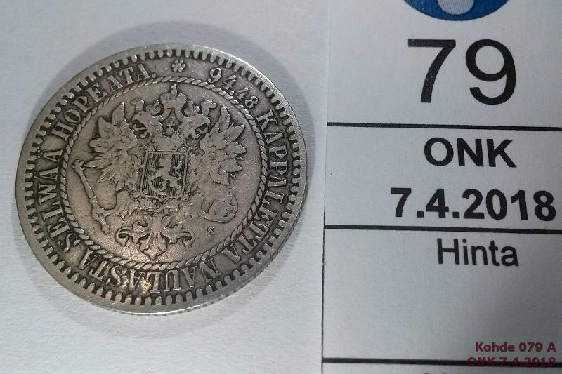 k-0079-a.jpg - Kohde 79 (kuva 1/2), l�ht�hinta: 7 &euro; / myyntihinta: 9 &euro; 1 mk 1865 Ag, SNY 398.2.1, kunto: 4