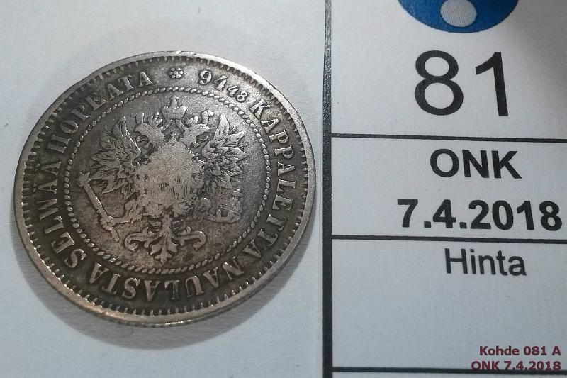 k-0081-a.jpg - Kohde 81 (kuva 1/2), lhthinta: 7 € / myyntihinta: 11 € 1 mk 1872 Ag, eprvja, kunto: 2/4
