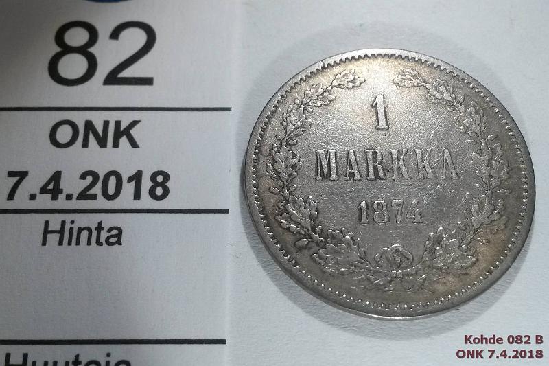 k-0082-b.jpg - Kohde 82 (kuva 2/2), lhthinta: 7 € / myyntihinta: 7 € 1 mk 1874 Ag, kunto: 3/4