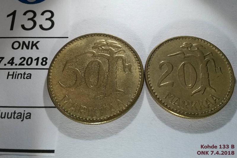 k-0133-b.jpg - Kohde 133 (kuva 2/2), lhthinta: 5 € / myyntihinta: 5 € 20 + 50 mk 1960, -61 20 mk -60; 50 mk -61, kauniit!, kunto: 7
