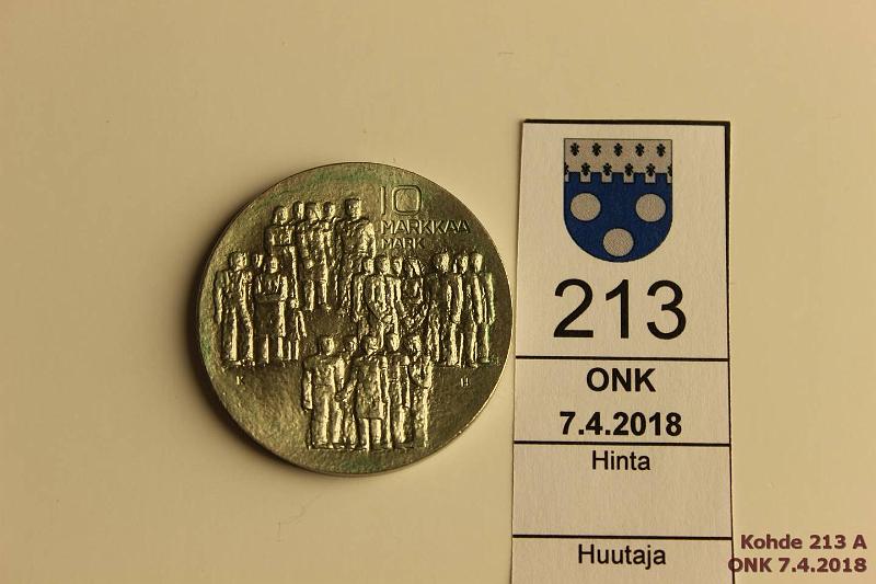 k-0213-a.jpg - Kohde 213, lhthinta: 15 € / myyntihinta: 22 € 10 mk 1977 Ag, "Raskaana", kunto: 9
