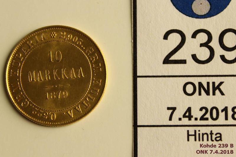 k-0239-b.jpg - Kohde 239 (kuva 2/2), lhthinta: 180 € / myyntihinta: 230 € 10 mk 1879 Au, SNY 569.1, arvop. hnja, kunto: 9