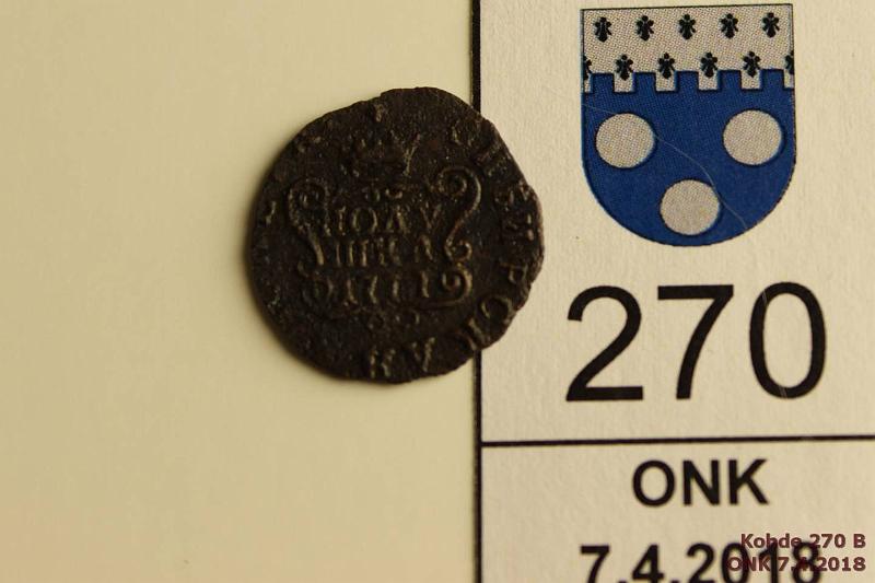 k-0270-b.jpg - Kohde 270 (kuva 2/2), lhthinta: 15 € / myyntihinta: 26 € Polushka 1777 C#1, Bit. 1228 R1 Cu, КМ, 1/4 kop Siperia, sypymi vaakunapuolella, Suzun mint, kunto: 5