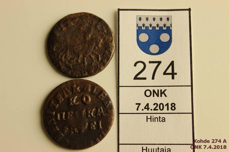 k-0274-a.jpg - Kohde 274, lhthinta: 10 € 1 kop (2) 1715-19 KM#142 Cu, Peter I, НА. Vuosiluku kyrillisin kirjaimin 1715, toisessa vlill 1711-19, kunto: 2, 4