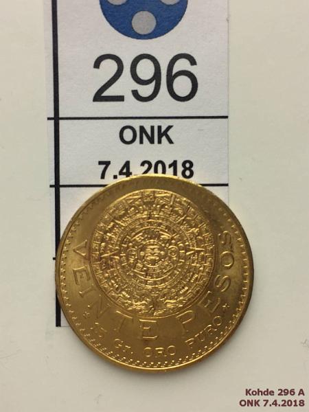 k-0296-a.jpg - Kohde 296 (kuva 1/2), l�ht�hinta: 500 &euro; / myyntihinta: 500 &euro; Meksiko 20 peso 1959 KM#478 Au, 16,666g/900. 15g oro puro, kunto: 9