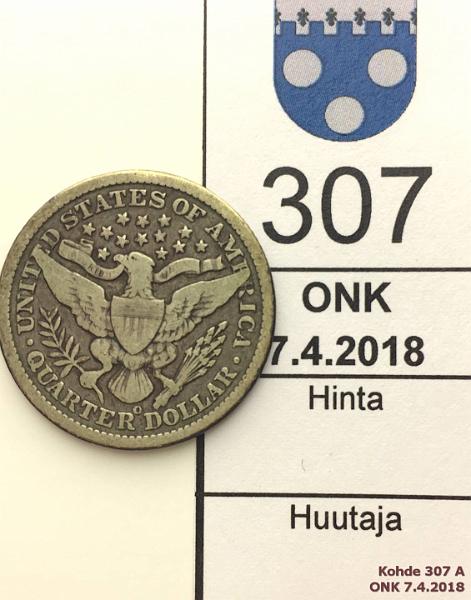 k-0307-a.jpg - Kohde 307 (kuva 1/2), lhthinta: 5 € / myyntihinta: 8 € USA  D 1899O KM#114 Ag, 6,25g/900, Barber quarter, kunto: 4