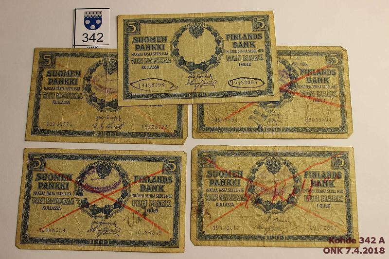 k-0342-a.jpg - Kohde 342, lhthinta: 5 € / myyntihinta: 5 € 5 mk 1909 KV (5) SNY 130.8, eri tavalla vrksi merkittyj tai muunneltuja KV seteleit, pehmoja, vikoja, kunto: 2-3