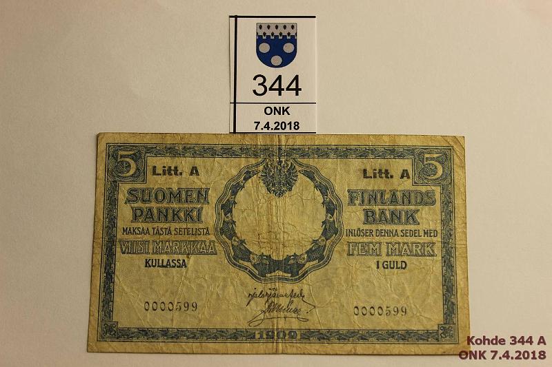 k-0344-a.jpg - Kohde 344, lhthinta: 5 € 5 mk 1909 LA SNY 130.9 0000599 JR-Ml, neulanreik, pehme, pieni n:o, kunto: 3